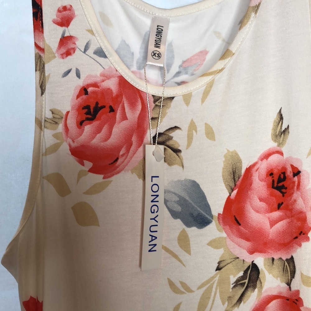 Soft Flowy Stretchy Cream Pink Floral Sleeveless Tank Dress Pockets Women XS NWT - Picture 3 of 14